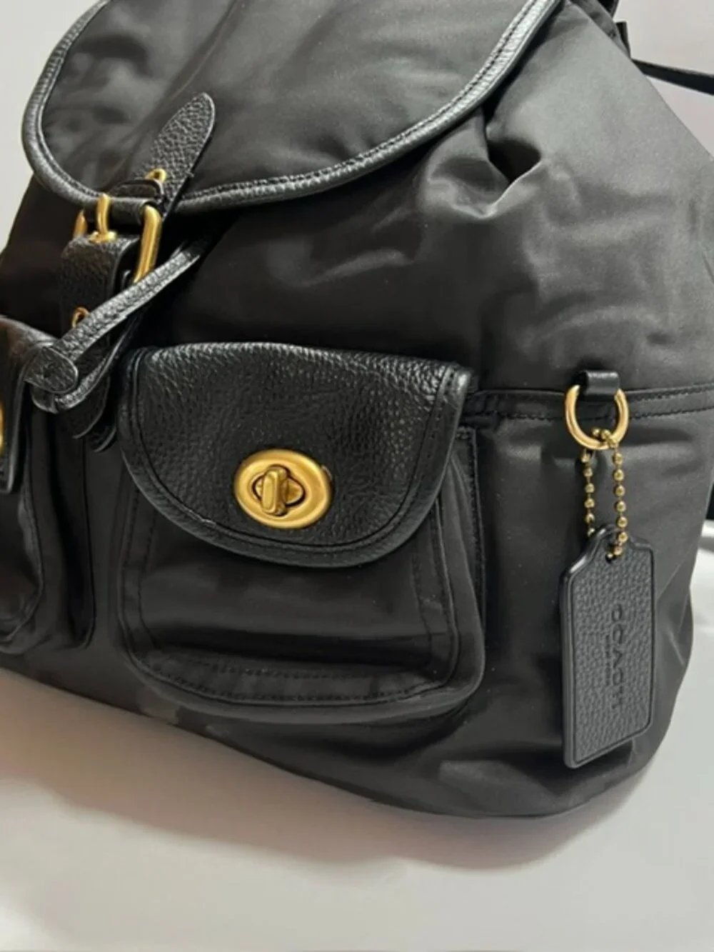 COACH Legacy Nylon and Leather Large Backpack Black w/drawstring & flap closure